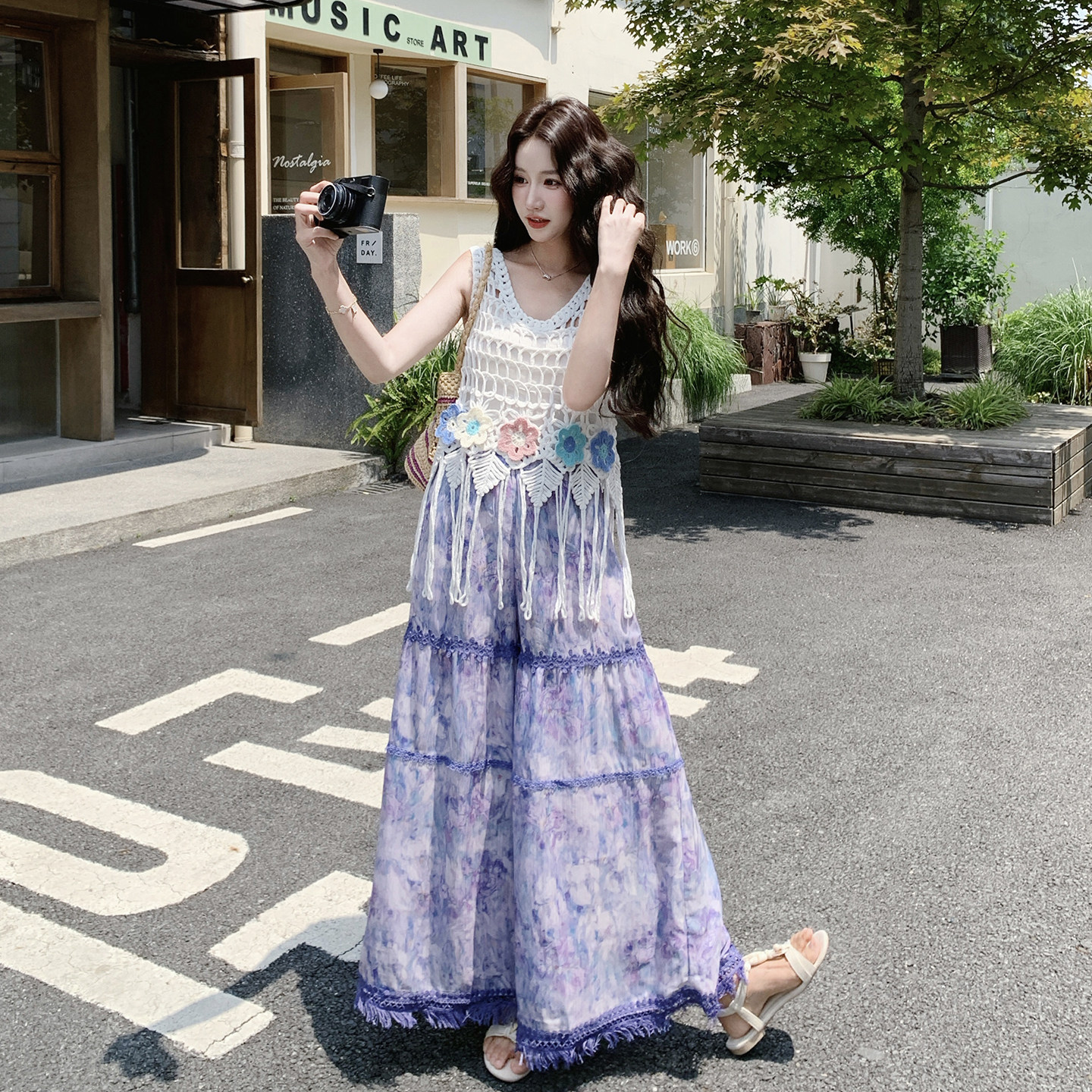 紫色浪漫度假风套装女2026新款夏日流苏钩花马甲碎花阔腿裤两件套