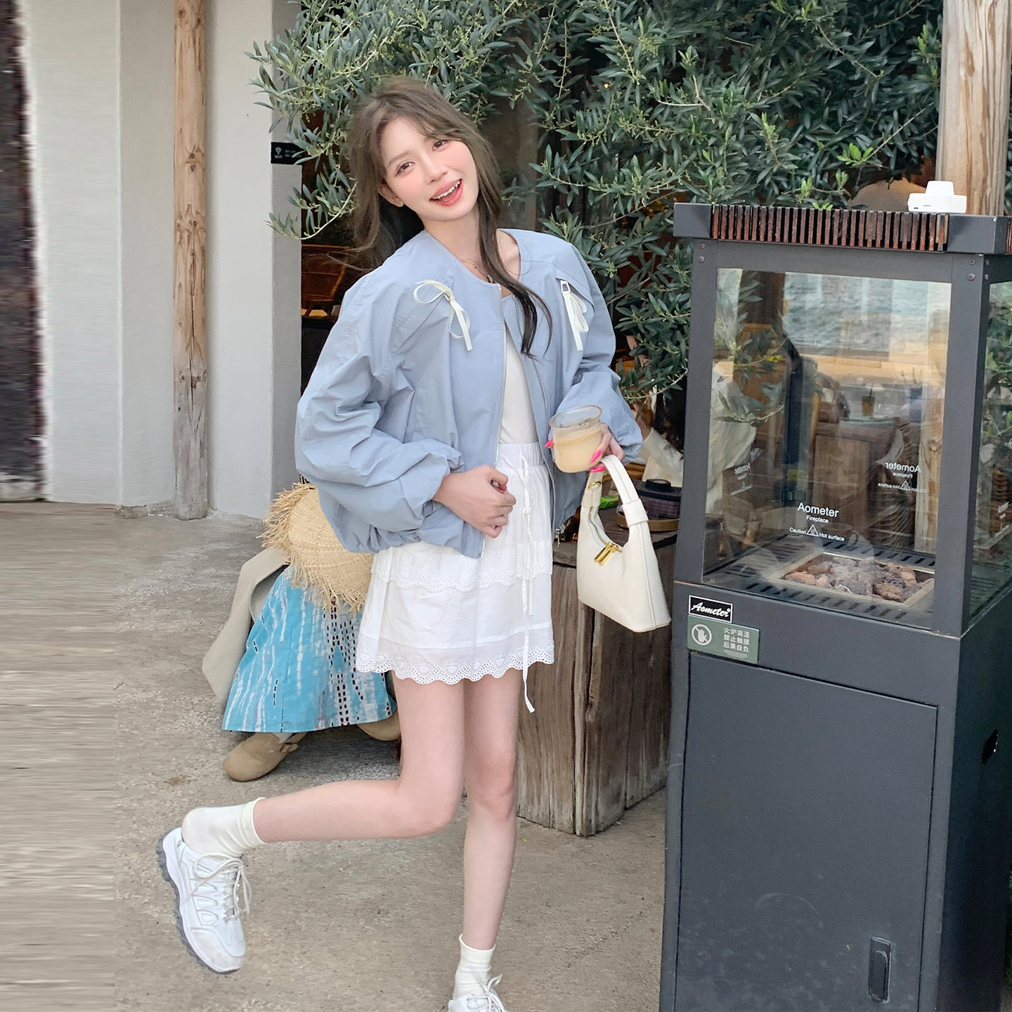 浅蓝色韩式甜美风小个子休闲外套女2026秋日设计感蝴蝶结系带上衣