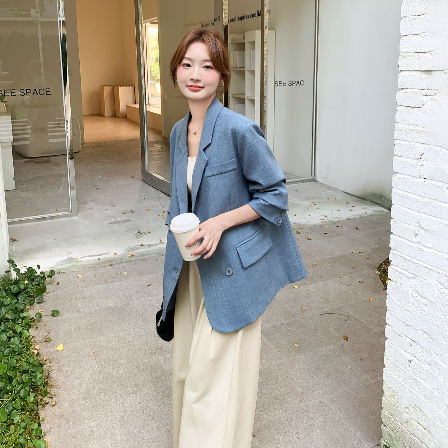 蓝色超A双排扣西装外套女2026春新款韩系职场穿搭减龄松弛感上衣