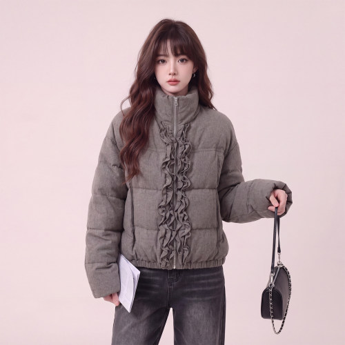 灰色立领短款90白鸭绒羽绒服女