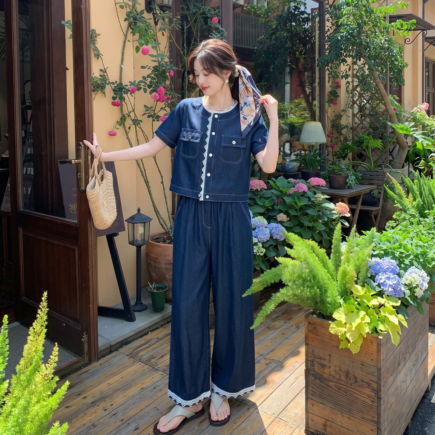 深蓝色休闲时尚牛仔套装女2026初夏新款蕾丝拼接上衣阔腿裤两件套