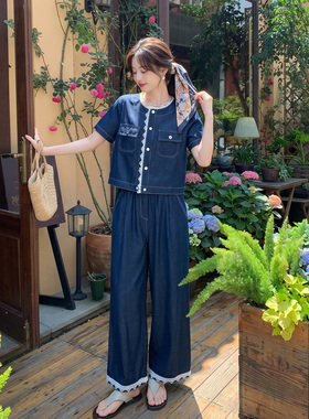 深蓝色休闲时尚牛仔套装女2026初夏新款蕾丝拼接上衣阔腿裤两件套