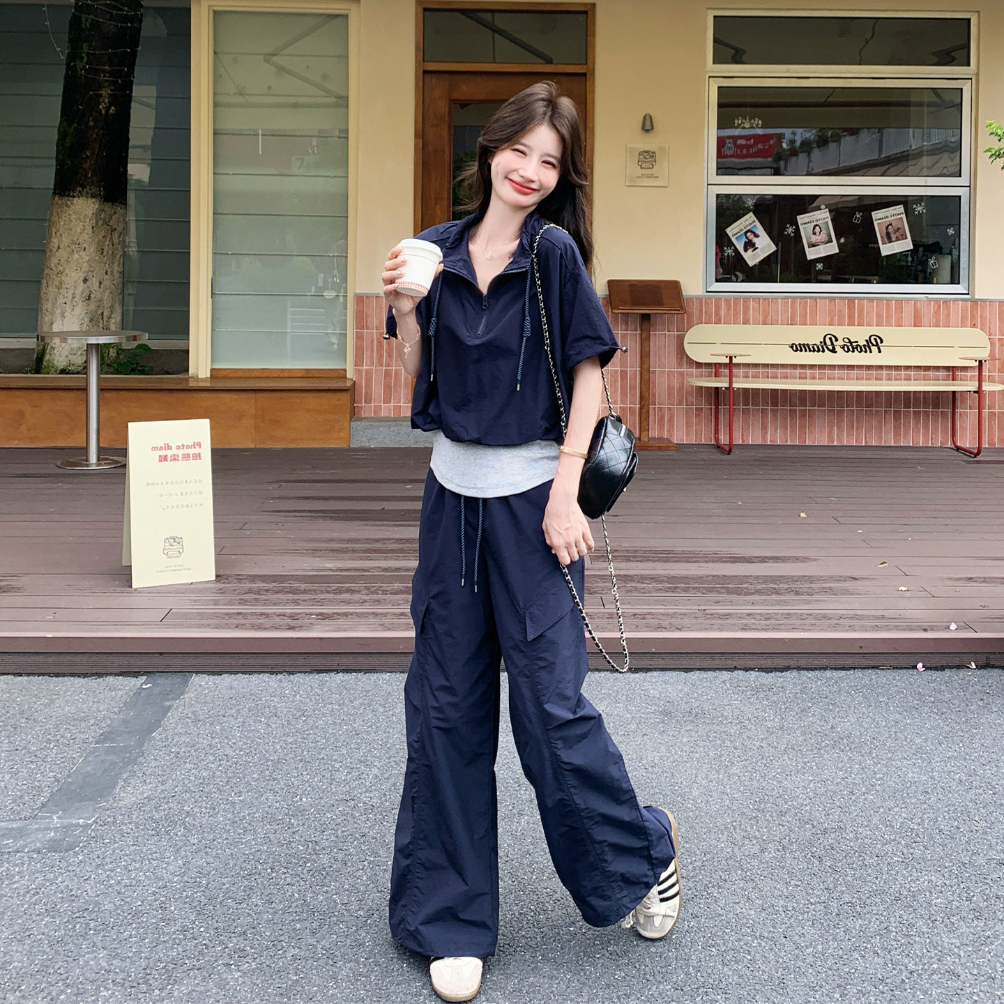 藏青色时尚减龄运动风套装女2026新款假两件上衣阔腿裤两件套夏日