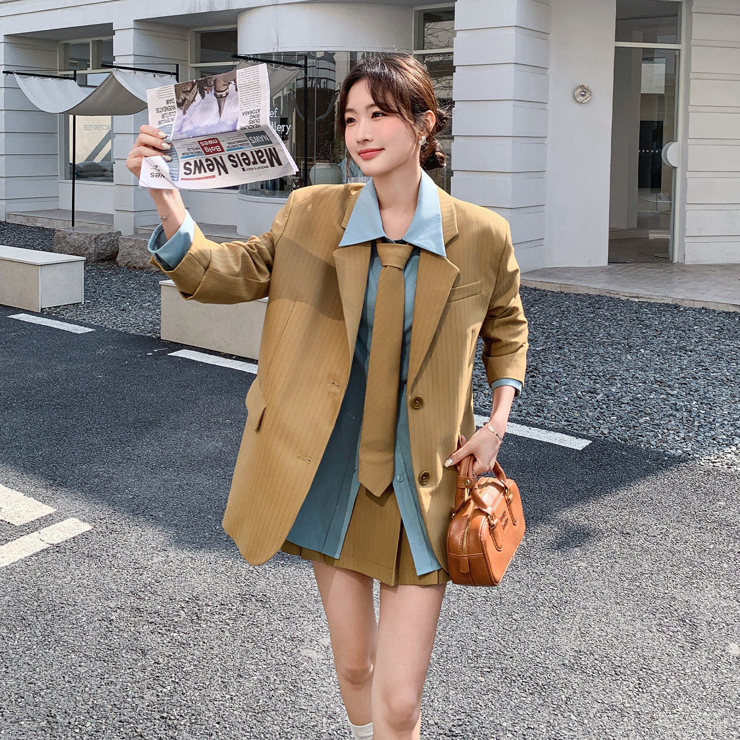 复古英伦学院风西装三件套女2026春新款休闲时尚衬衫百褶短裙套装