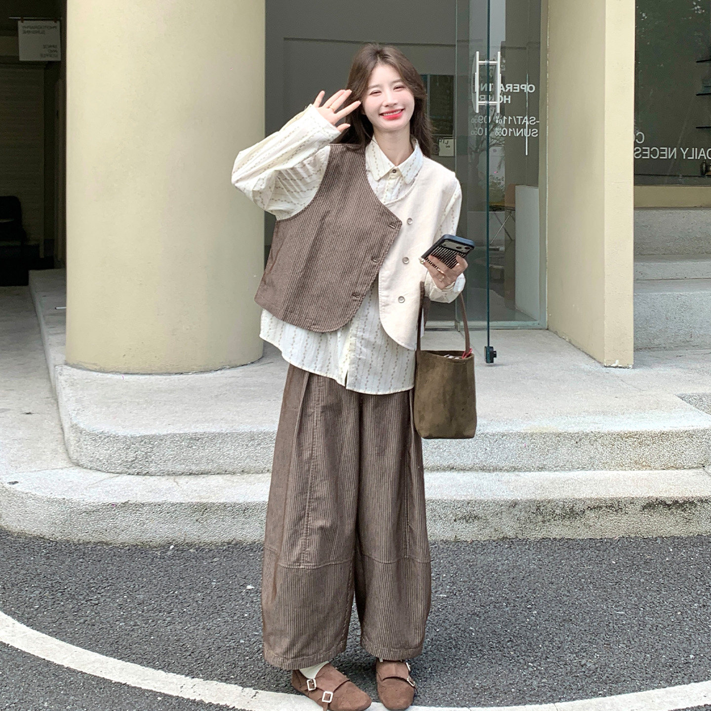 复古休闲风马甲衬衫阔腿裤套装
