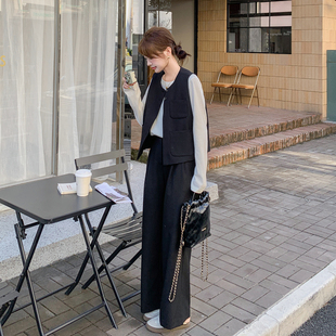 黑色韩系通勤风马甲休闲套装女2026春新款小个子显瘦阔腿裤两件套