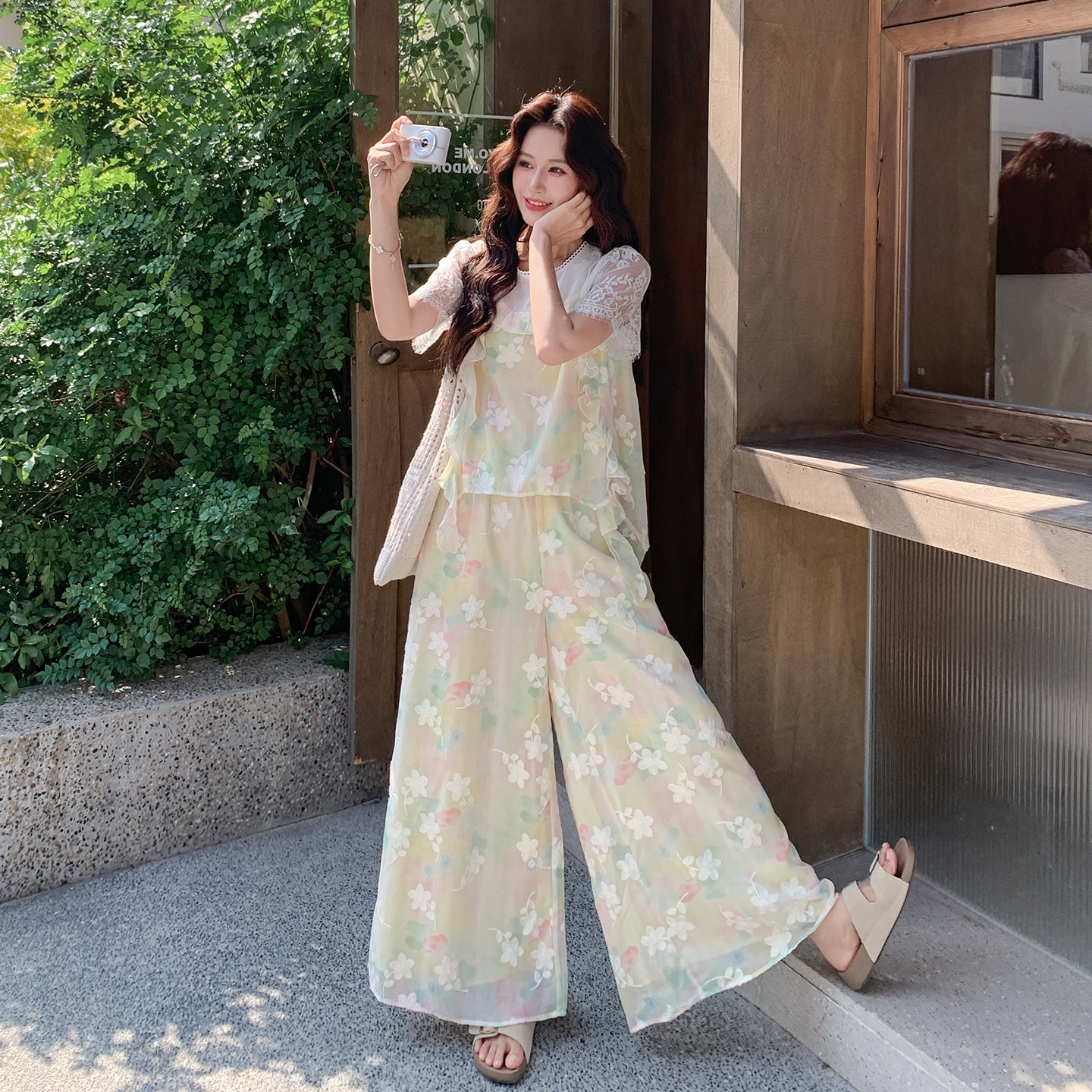 法式浪漫艺术风彩色印花套装女2026新款假两件上衣阔腿裤两件套夏
