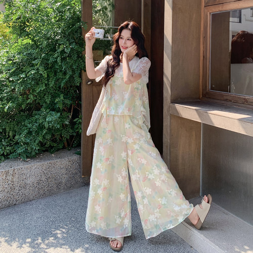 法式浪漫艺术风彩色印花套装女2026新款假两件上衣阔腿裤两件套夏