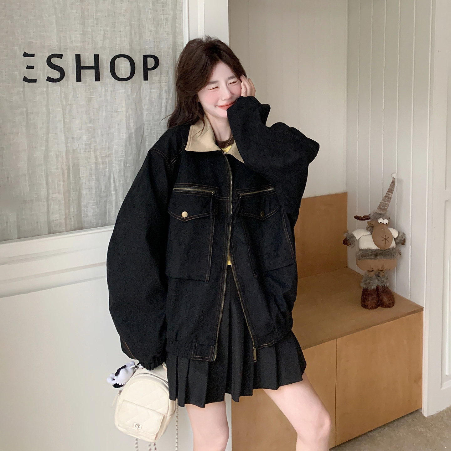 黑色美式复古撞色翻领设计感夹克女2026春季新款松弛感宽松潮外套