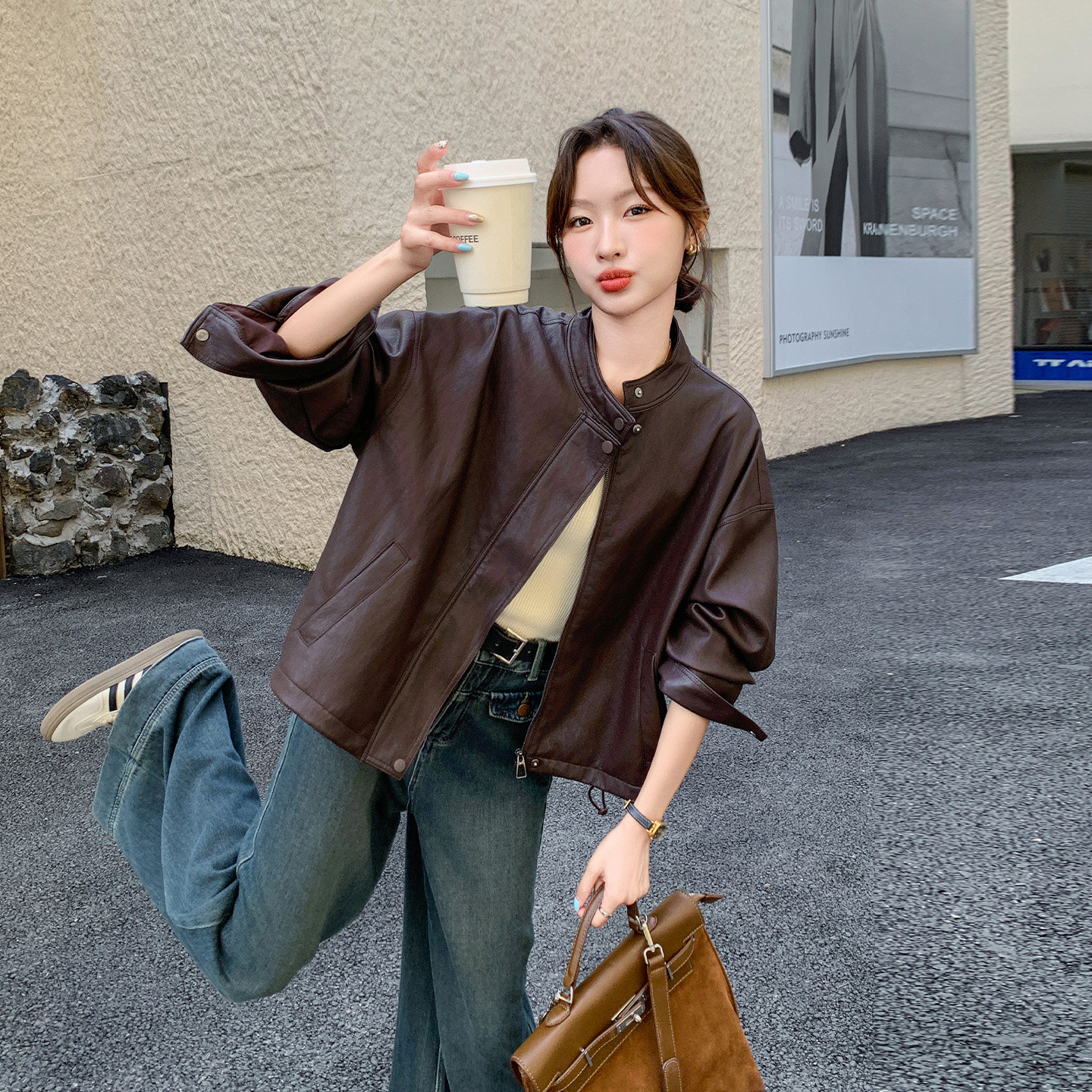 复古咖色PU皮衣女短款宽松百搭