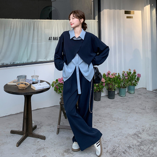 藏青色韩系chic套装女2026春新款撞色设计假两件上衣阔腿裤两件套