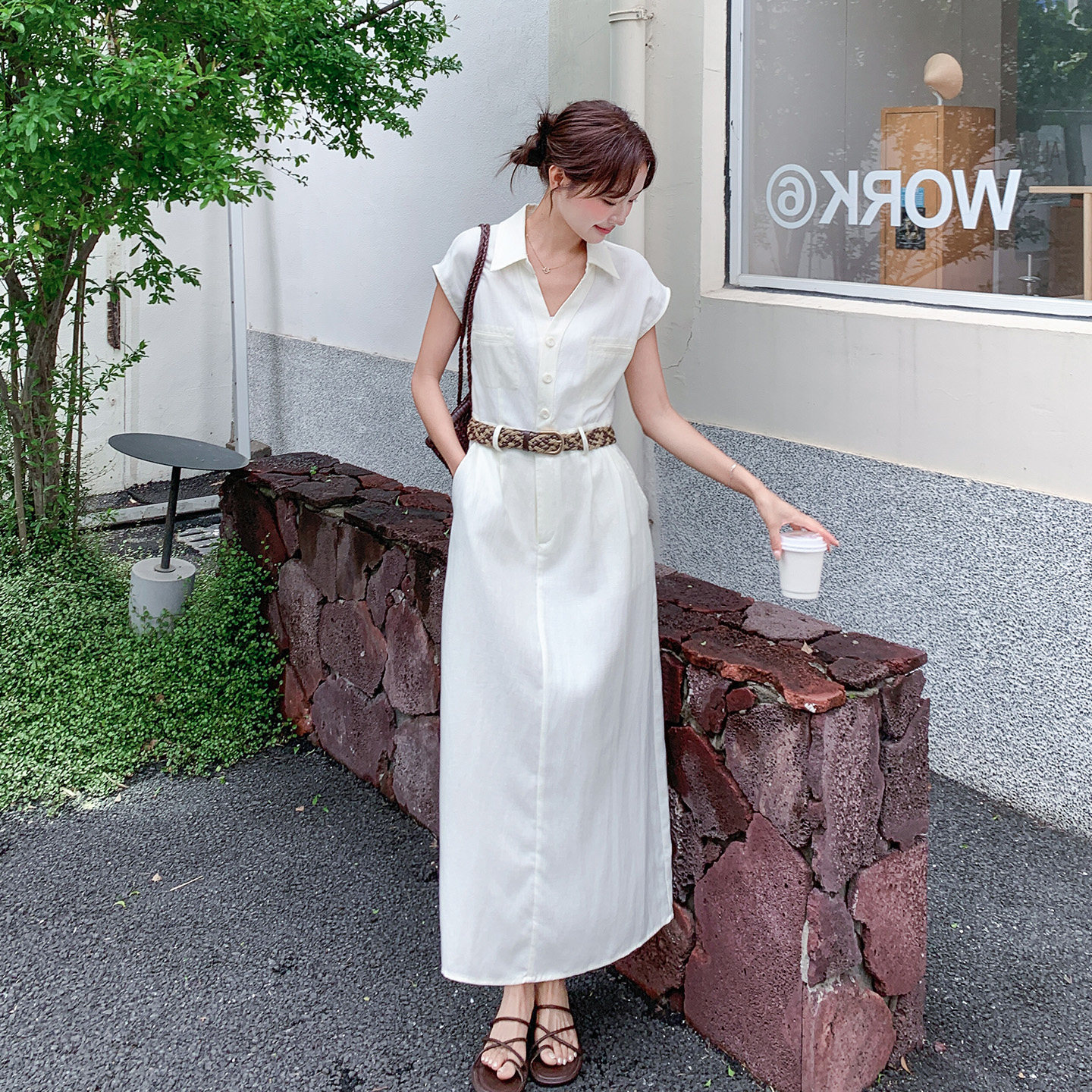 韩系简约白色衬衫连衣裙女夏