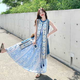 裙258 278 A字长裙套装 4.3度假风印花比甲两件套女夏季