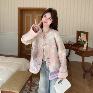 粉色新中式国风印花外套女2026春新款今年流行爆款高级感盘扣上衣
