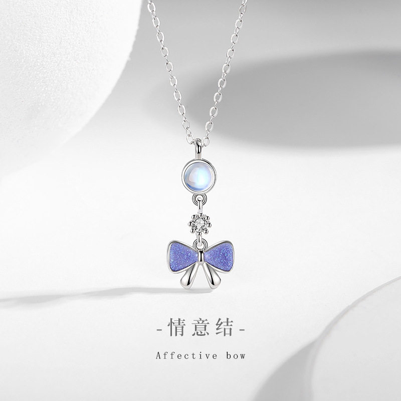 蝴蝶结s925纯银项链女小众设计轻奢款情意结梦幻月光石吊坠锁骨链