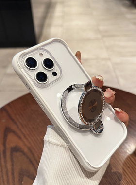 适用苹果16promax手机壳液态硅胶边框16镶水钻镜面支架保护壳透明15全包防摔14镜子化妆神器女神13高级感新款