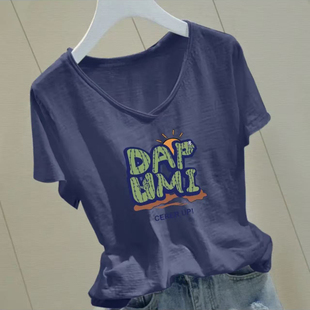 卷边V领宽松竹节棉短袖 柔软印花气质洋气时尚 显瘦女装 t恤女士夏季