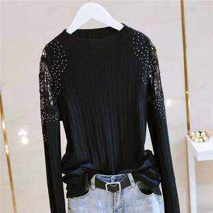女夏季 新款 2021新款 女装 上衣黑色针织打底衫 t恤衫 修身 蕾丝短袖