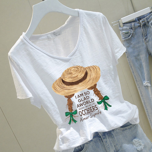 夏季竹节棉V领显瘦短袖T恤女