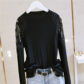蕾丝长袖 上衣黑色镶钻针织打底衫 t恤衫 2020修身 潮 女秋冬新款 女装