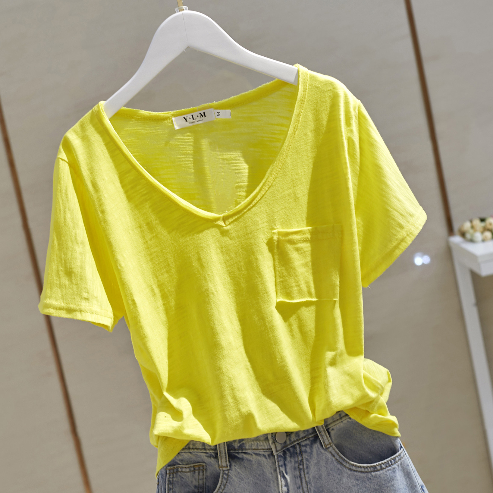 竹节棉短袖t恤女2026夏季新款v领直筒贴布口袋纯色上衣打底潮