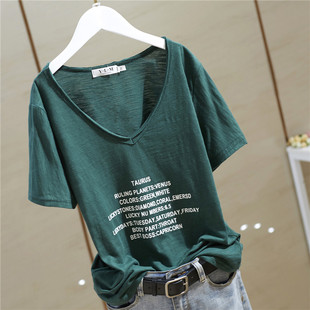 纯棉印花字母短袖 宽松大码 休闲百搭V领上衣打底衫 t恤女韩版