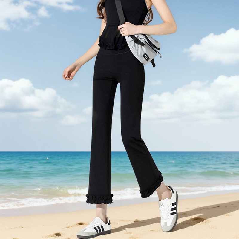 黑色烟管裤女春夏季薄款休闲裤高腰显瘦直筒修身花边微喇叭裤百搭