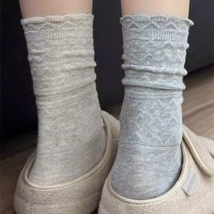 中筒袜ins潮日系长袜 棉袜白色芭蕾风花边堆堆袜子女款 春夏季 薄款