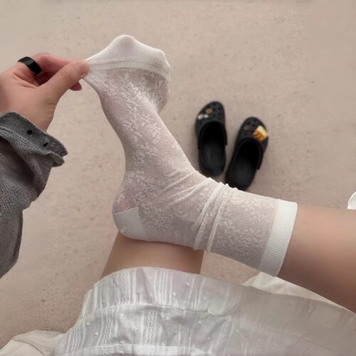 Hilo nayean纯色镂空暗花无骨亚麻色日系女袜网眼袜子女夏季薄款