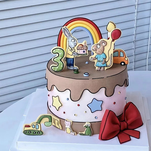 波西与皮普周岁生日蛋糕装饰插件挖机小动物插牌儿童甜品台装饰