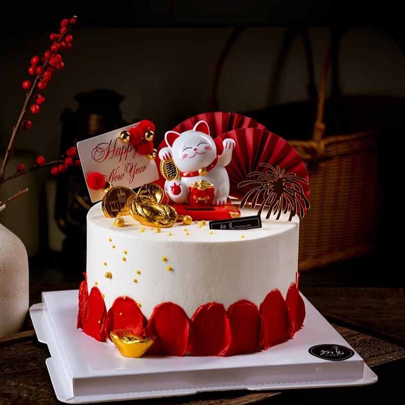 新年蛋糕装饰塑料摇手招财猫摆件中国新年快乐插件西点甜品台装扮