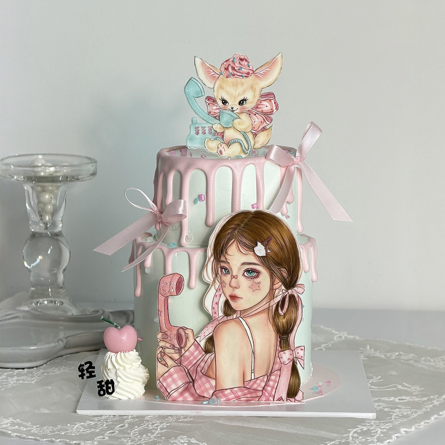 网红手绘粉色少女生日蛋糕装饰