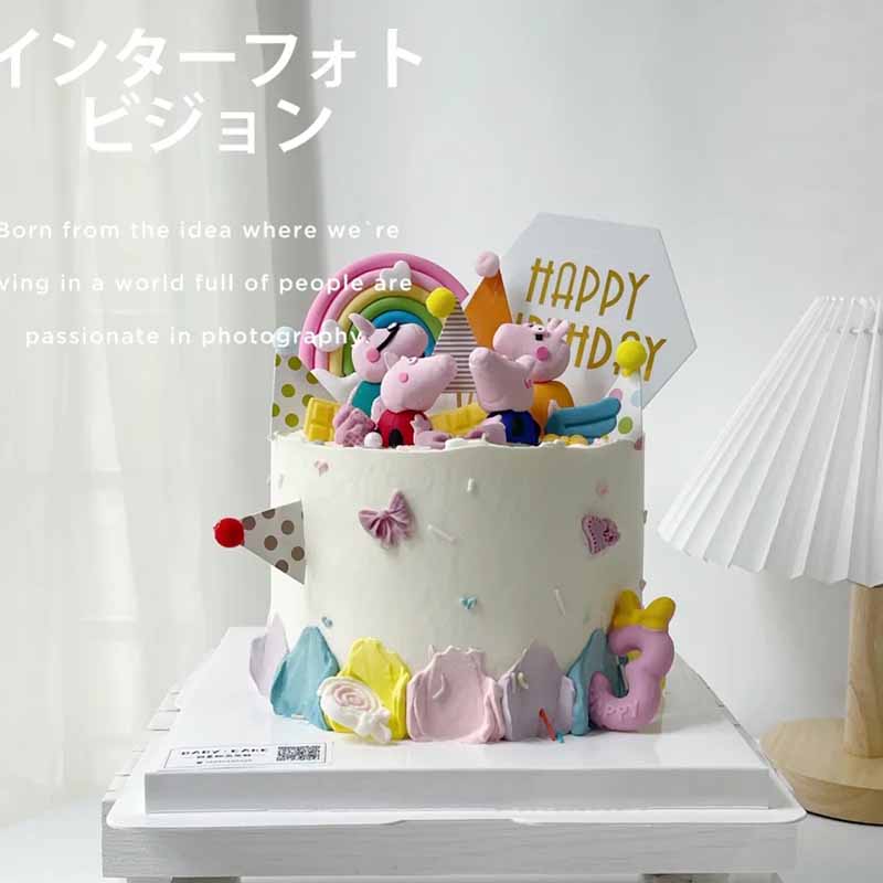 立体软陶小猪方形插牌生日蛋糕