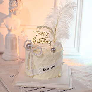 网红女孩生日蛋糕装饰摆件小仙女派对蝴蝶结珍珠串生日快乐插牌