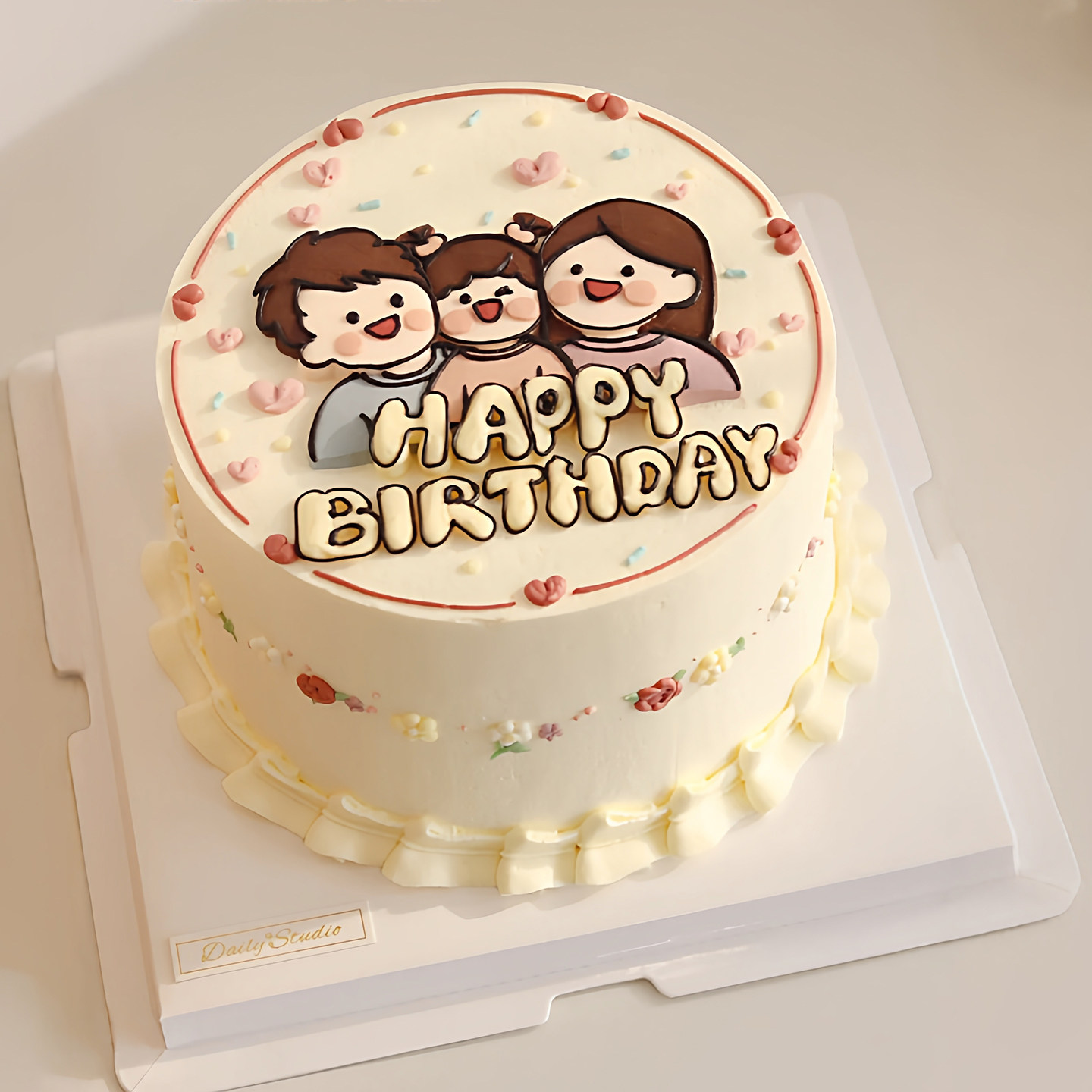卡通手绘一家三口生日蛋糕装饰摆件爸爸妈妈小女孩糯米纸烘焙配件