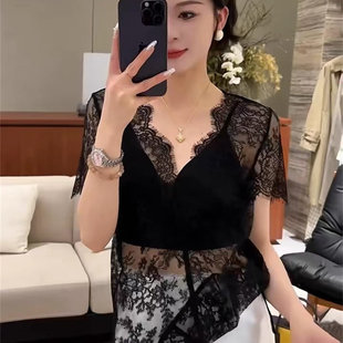 现货夏季新款韩系ins百搭复古蕾丝衬衫女新款通勤气质慵懒风上衣