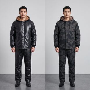 迷彩皮衣皮裤男加绒套装冬季加绒工作服加厚防水外卖耐磨骑行保暖