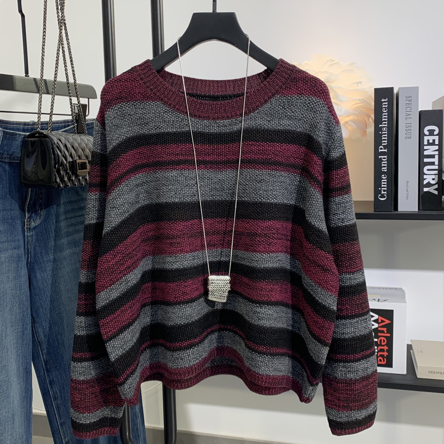 2026春秋新款复古条纹圆领针织衫女宽松显瘦百搭短款套头毛衣外穿,女装/女士精品,毛针织衫,淘宝优惠券,粉丝福利购,淘宝优惠卷