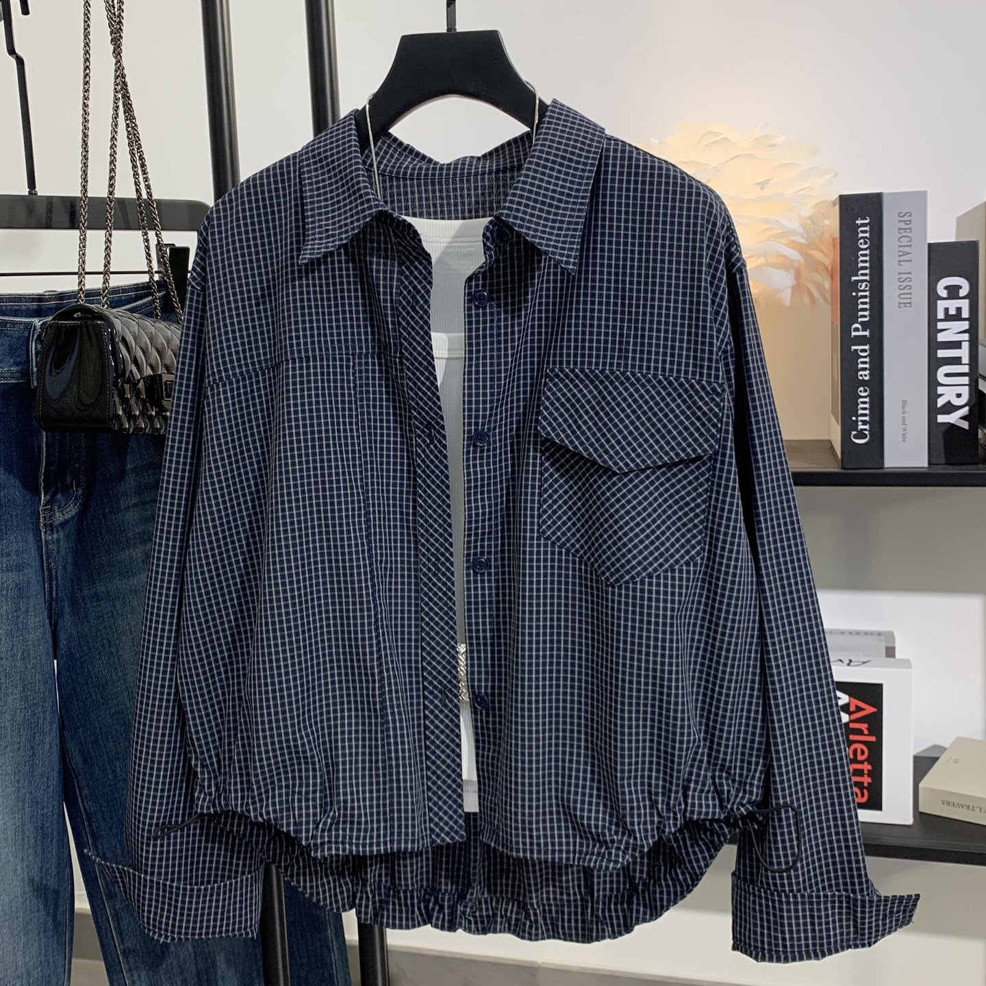 2026新款复古千鸟格子衬衫女短款宽松时尚下摆抽绳小个子上衣外套,女装/女士精品,衬衫,淘宝优惠券,粉丝福利购,淘宝优惠卷