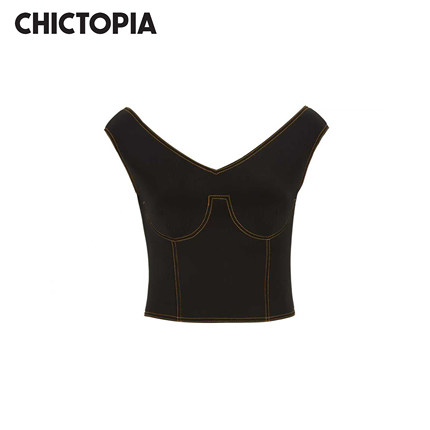 CHICTOPIA刘清扬原创设计空气黑色层撞色明线V领落肩胸衣上衣背心