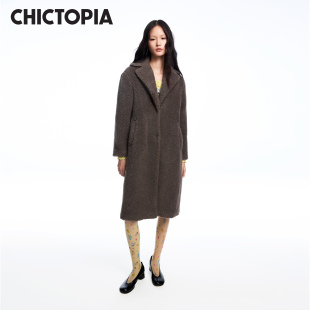 CHICTOPIA刘清扬原创设计师品牌深灰色人造羊羔毛翻驳领外套大衣