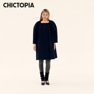 CHICTOPIA刘清扬原创设计师品牌藏蓝色抽褶插肩袖茧型外套大衣