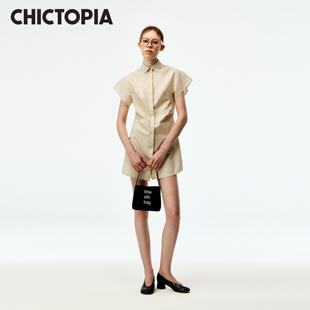 CHICTOPIA刘清扬原创设计品牌浅咖色匹马棉落肩袖长款衬衫连衣裙