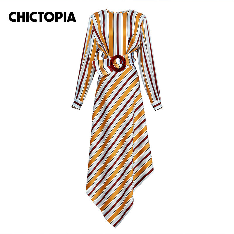 Chictopia刘清扬棕色真丝条纹印花夸张腰带连衣裙