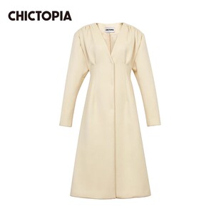 CHICTOPIA刘清扬原创设计师品牌复古风米白色羊毛收腰长大衣外套