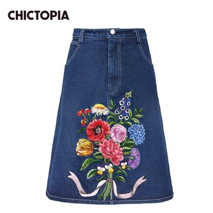 CHICTOPIA刘清扬原创设计全棉牛仔深蓝绣花修身 半裙