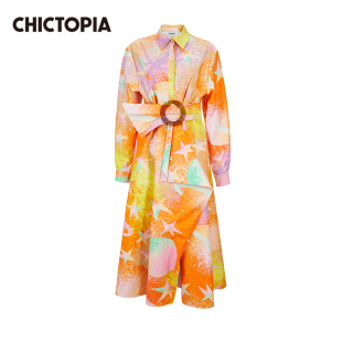 CHICTOPIA刘清扬原创设计秋冬玫红色复古泼墨印花宽松衬衫连衣裙