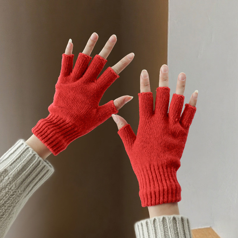 羊毛半指手套女秋冬季青年针织毛线两用男士冬天学生保暖露指手套