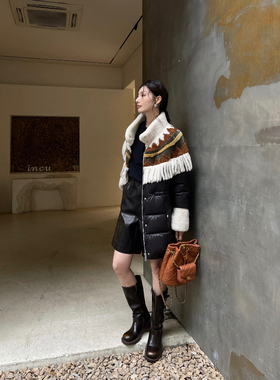 【弓ECHO】民族风绵羊皮毛云肩流苏鸭绒立领羽绒服真皮毛中长外套