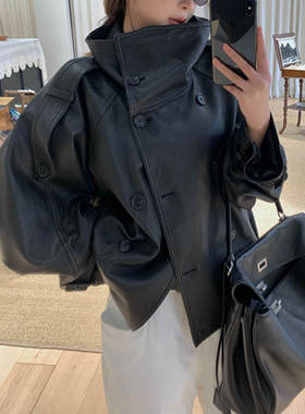 【弓ECHO】西班牙山羊皮软糯缩纹宽松慵懒皮衣酷飒真皮外套